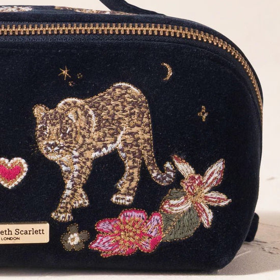 Young Ideas & Henmores -Celestial Leopard Charcoal Velvet Open Flat Makeup Bag -Charcoal -OS
