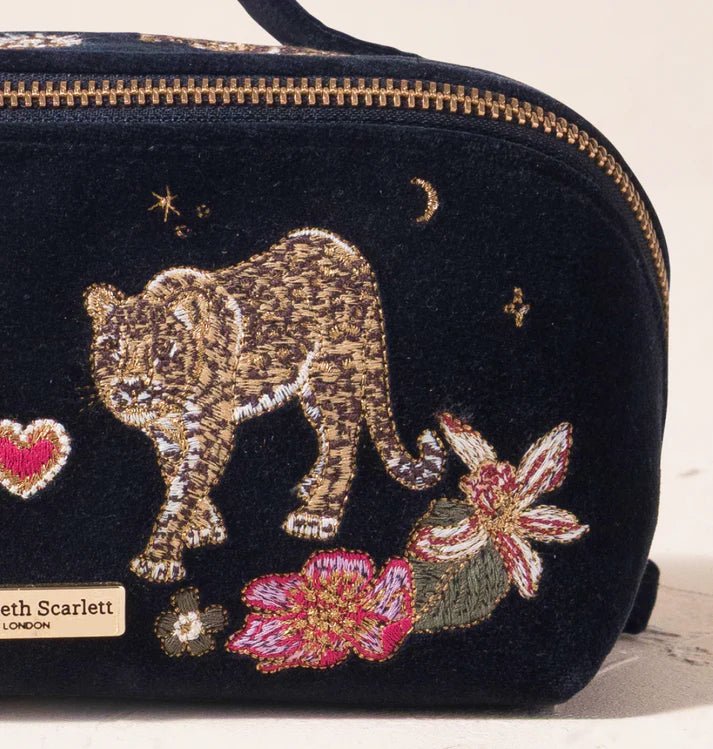 Young Ideas & Henmores -Celestial Leopard Charcoal Velvet Open Flat Makeup Bag -Charcoal -OS
