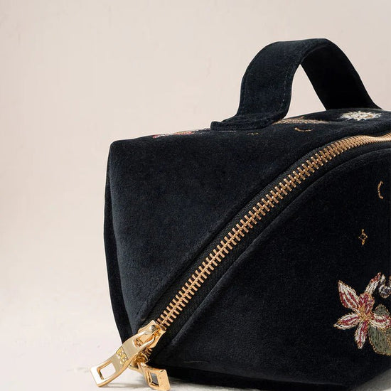 Young Ideas & Henmores -Celestial Leopard Charcoal Velvet Open Flat Makeup Bag -Charcoal -OS