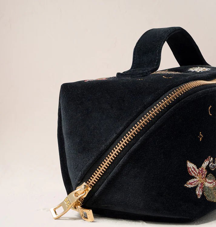Young Ideas & Henmores -Celestial Leopard Charcoal Velvet Open Flat Makeup Bag -Charcoal -OS