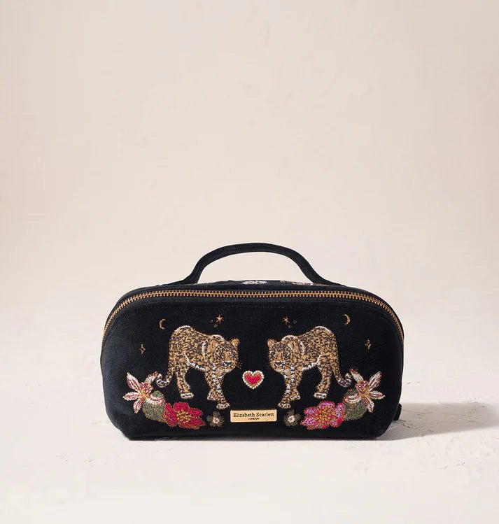 Young Ideas & Henmores -Celestial Leopard Charcoal Velvet Open Flat Makeup Bag -Charcoal -OS