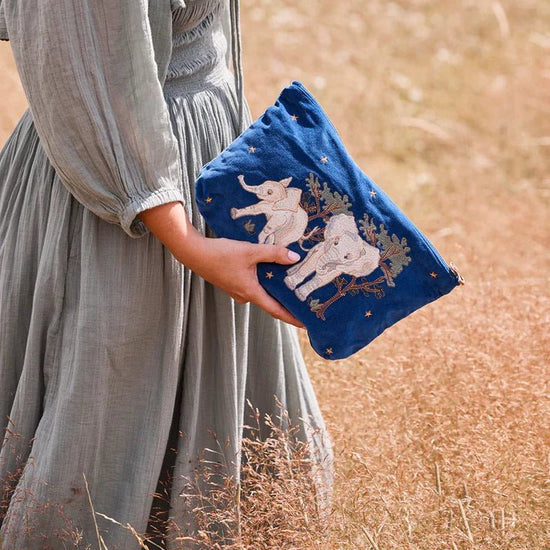 Young Ideas & Henmores -Elephant Embroidered Velvet Everyday Pouch -Navy -OS