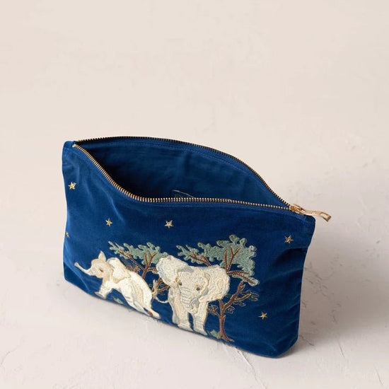 Young Ideas & Henmores -Elephant Embroidered Velvet Everyday Pouch -Navy -OS