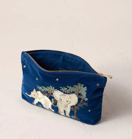 Young Ideas & Henmores -Elephant Embroidered Velvet Everyday Pouch -Navy -OS