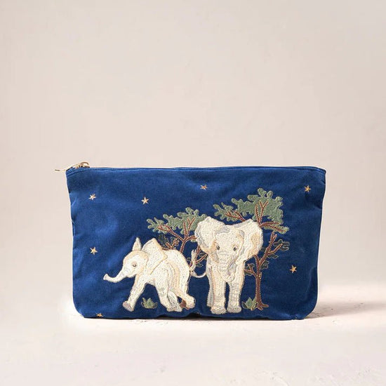 Young Ideas & Henmores -Elephant Embroidered Velvet Everyday Pouch -Navy -OS