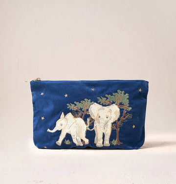 Young Ideas & Henmores -Elephant Embroidered Velvet Everyday Pouch -Navy -OS