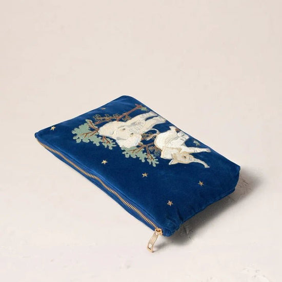 Young Ideas & Henmores -Elephant Embroidered Velvet Everyday Pouch -Navy -OS