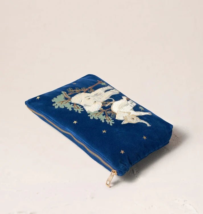 Young Ideas & Henmores -Elephant Embroidered Velvet Everyday Pouch -Navy -OS