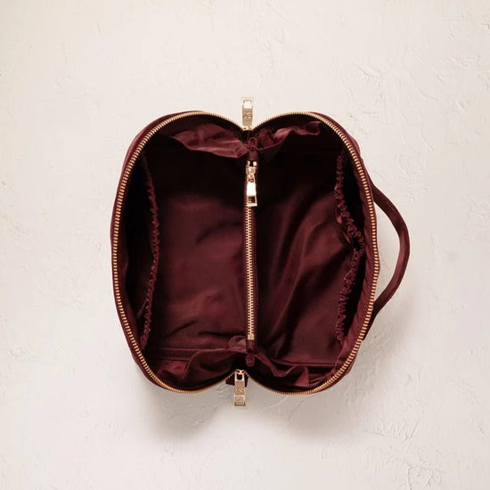 Young Ideas & Henmores -Golden Pomegranate Damson Velvet Open Flat Makeup Bag -Damson -OS