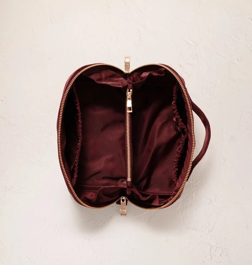 Young Ideas & Henmores -Golden Pomegranate Damson Velvet Open Flat Makeup Bag -Damson -OS