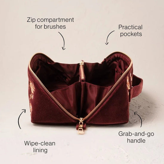 Young Ideas & Henmores -Golden Pomegranate Damson Velvet Open Flat Makeup Bag -Damson -OS