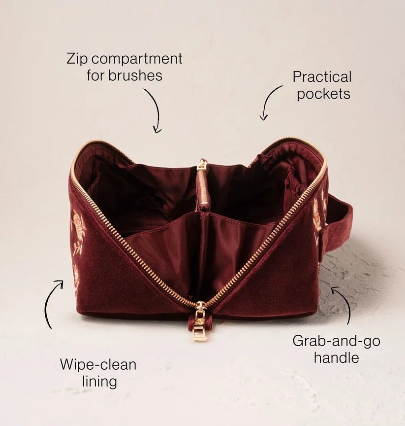 Young Ideas & Henmores -Golden Pomegranate Damson Velvet Open Flat Makeup Bag -Damson -OS