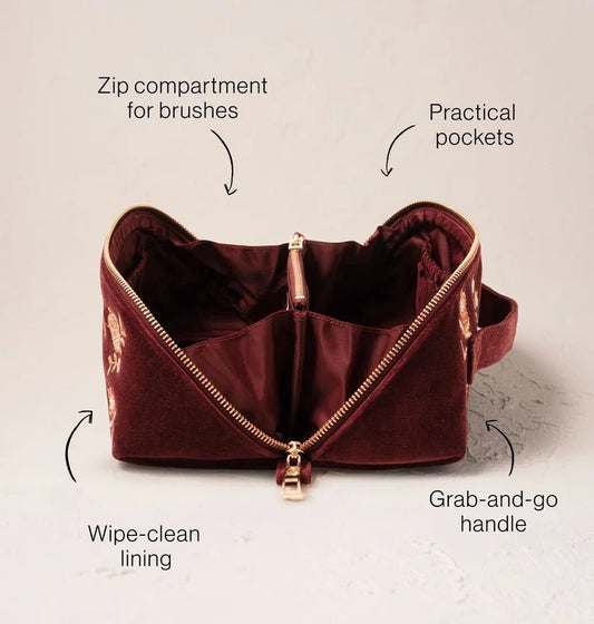 Young Ideas & Henmores -Golden Pomegranate Damson Velvet Open Flat Makeup Bag -Damson -OS