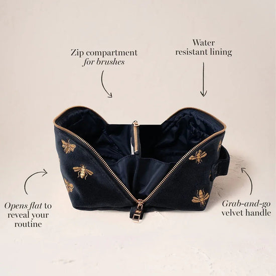 Young Ideas & Henmores -Honey Bee Charcoal Velvet Open Flat Makeup Bag -Charcoal -OS