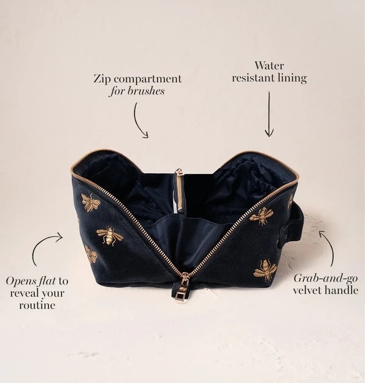 Young Ideas & Henmores -Honey Bee Charcoal Velvet Open Flat Makeup Bag -Charcoal -OS