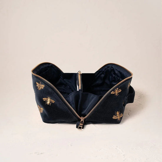 Young Ideas & Henmores -Honey Bee Charcoal Velvet Open Flat Makeup Bag -Charcoal -OS