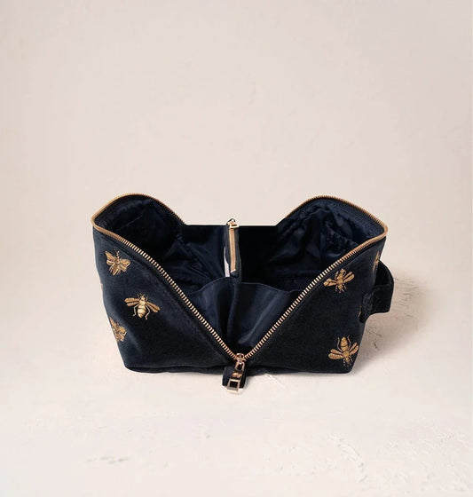 Young Ideas & Henmores -Honey Bee Charcoal Velvet Open Flat Makeup Bag -Charcoal -OS