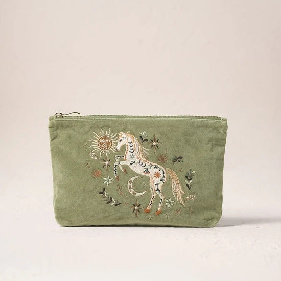 Young Ideas & Henmores -Mystical Horse Olive Velvet Everyday Pouch -Olive -OS
