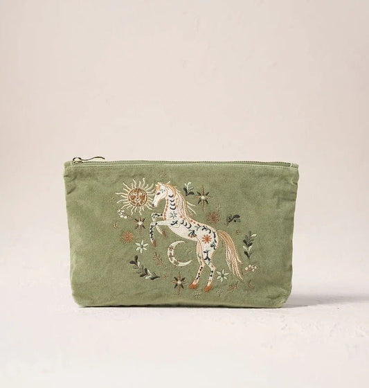 Young Ideas & Henmores -Mystical Horse Olive Velvet Everyday Pouch -Olive -OS