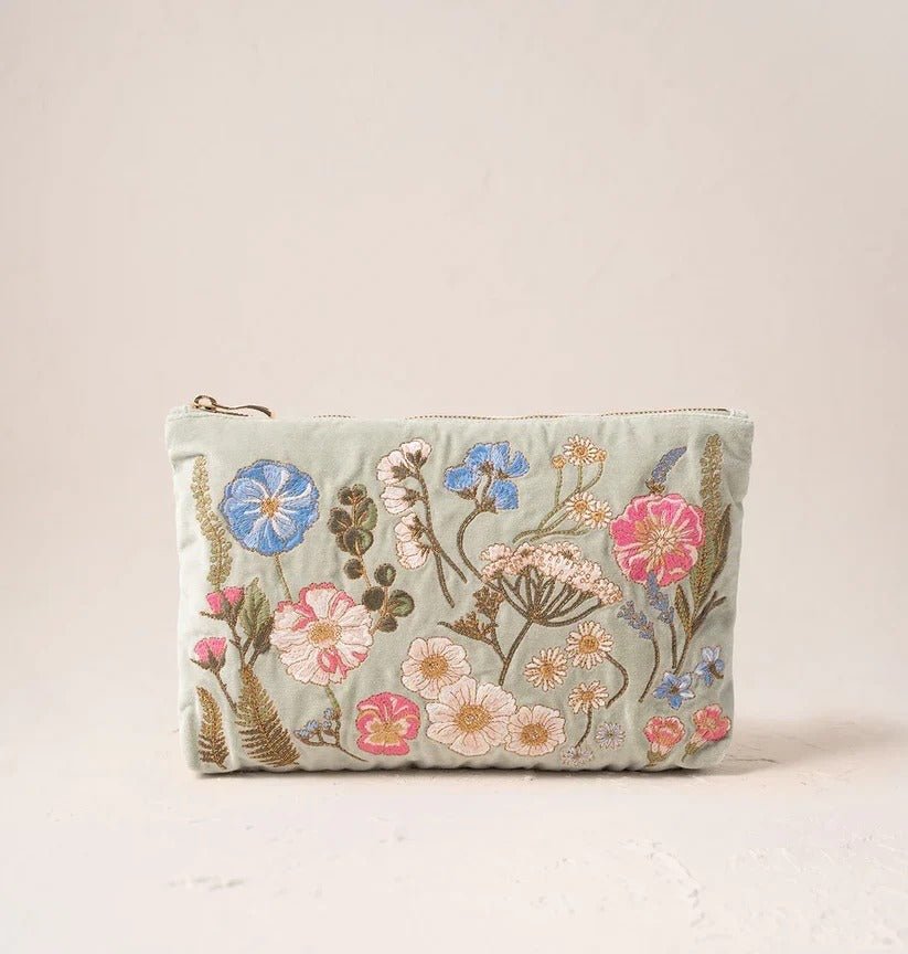 Young Ideas & Henmores -Pressed Flowers Sage Velvet Everyday Pouch -Sage -OS