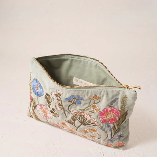 Young Ideas & Henmores -Pressed Flowers Sage Velvet Everyday Pouch -Sage -OS