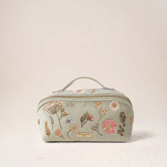 Young Ideas & Henmores -Pressed Flowers Sage Velvet Open Flat Makeup Bag -Sage -OS