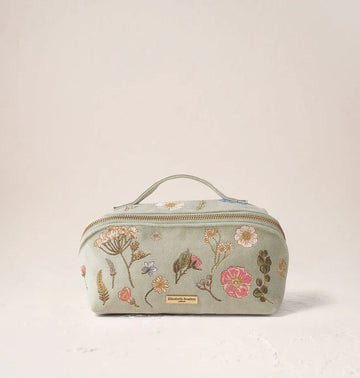 Young Ideas & Henmores -Pressed Flowers Sage Velvet Open Flat Makeup Bag -Sage -OS