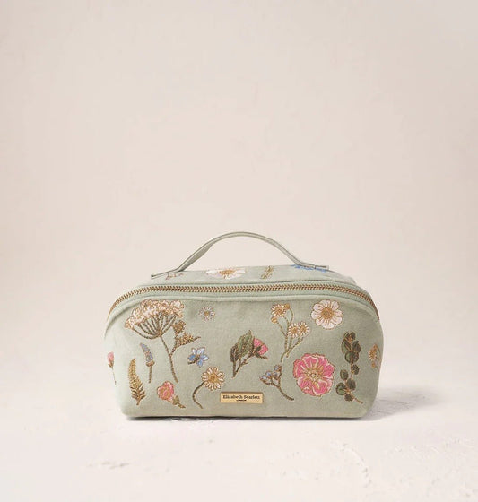 Young Ideas & Henmores -Pressed Flowers Sage Velvet Open Flat Makeup Bag -Sage -OS