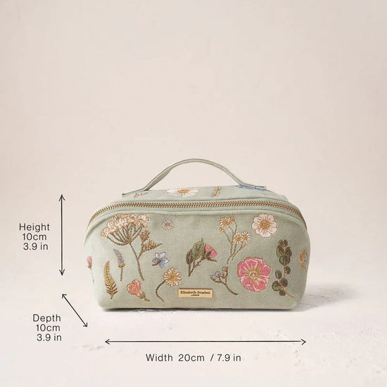 Young Ideas & Henmores -Pressed Flowers Sage Velvet Open Flat Makeup Bag -Sage -OS