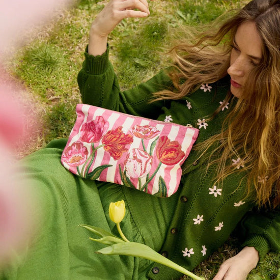 Young Ideas & Henmores - Tulip Stripe Pink Cotton Everyday Pouch - pink - OS
