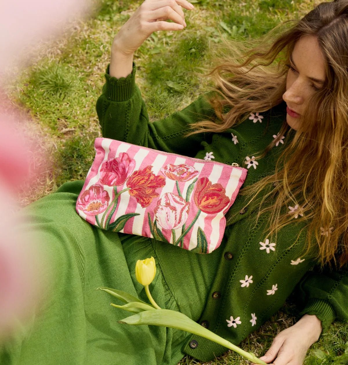 Young Ideas & Henmores - Tulip Stripe Pink Cotton Everyday Pouch - pink - OS