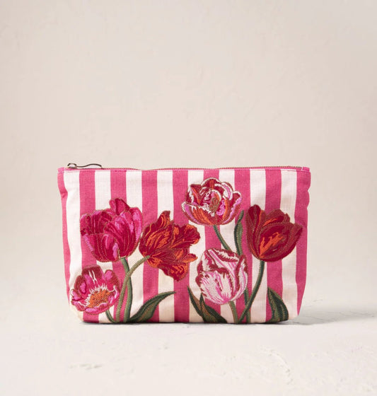 Young Ideas & Henmores - Tulip Stripe Pink Cotton Everyday Pouch - pink - OS