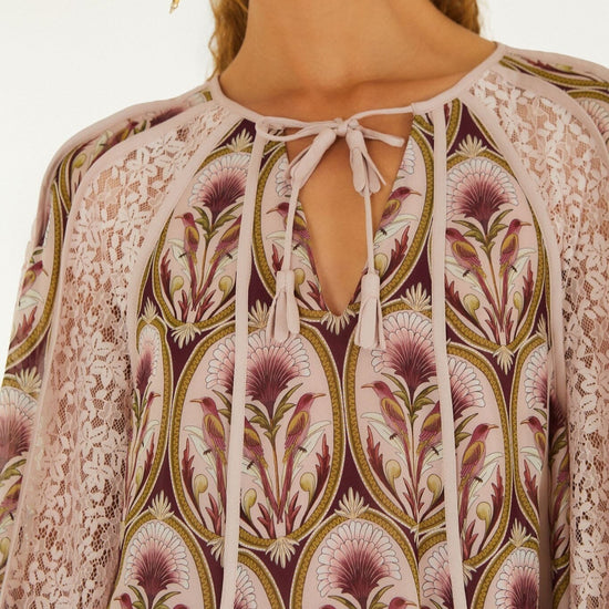 Young Ideas & Henmores -Birds Tree Garden Blouse -Burgundy Multi -XS