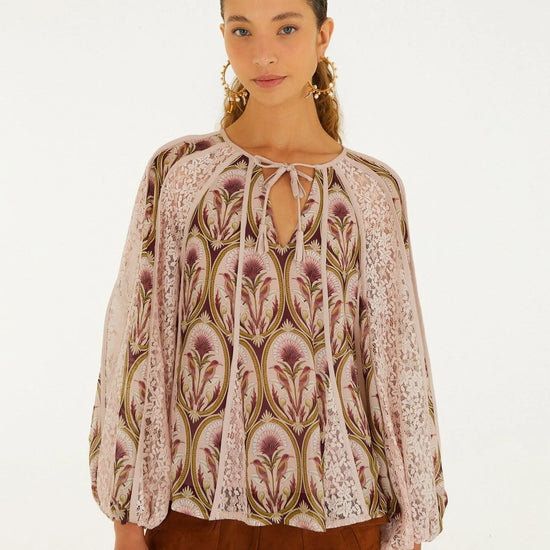 Young Ideas & Henmores -Birds Tree Garden Blouse -Burgundy Multi -XS