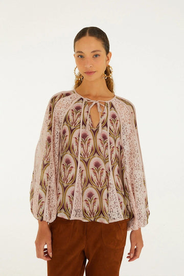 Young Ideas & Henmores -Birds Tree Garden Blouse -Burgundy Multi -XS