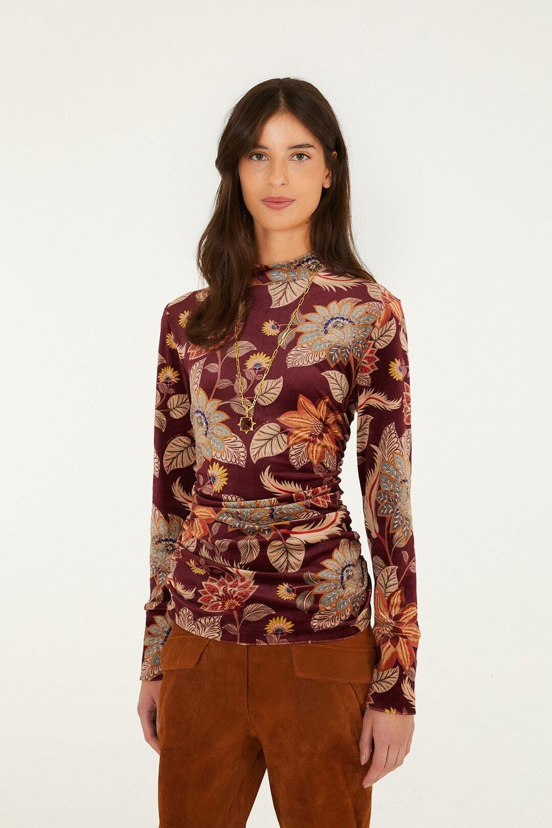 Young Ideas & Henmores -Delhi Floral Velvet Jersey Blouse -26037 Burgundy -S