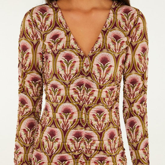 Young Ideas & Henmores -Garden Long Sleeve Mini Dress -Burgundy Multi -XS