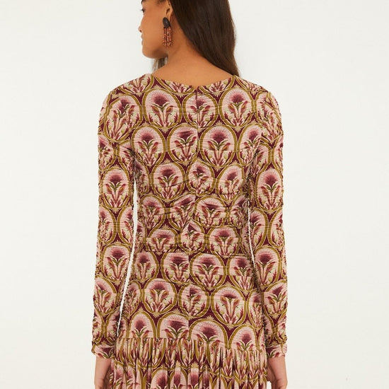 Young Ideas & Henmores -Garden Long Sleeve Mini Dress -Burgundy Multi -XS
