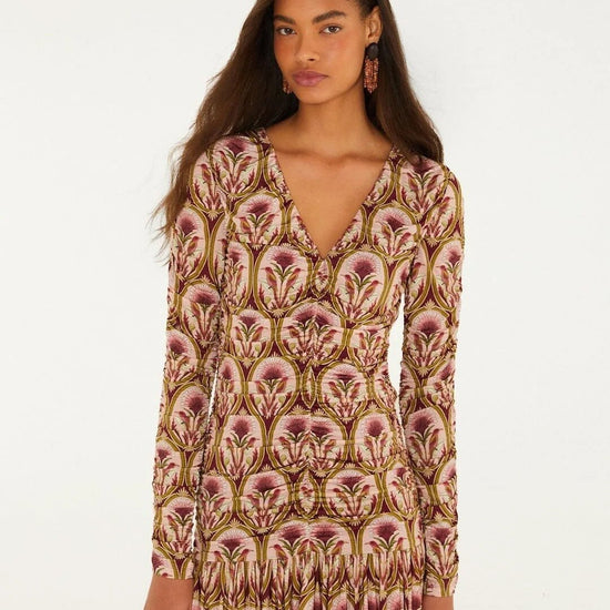 Young Ideas & Henmores -Garden Long Sleeve Mini Dress -Burgundy Multi -XS
