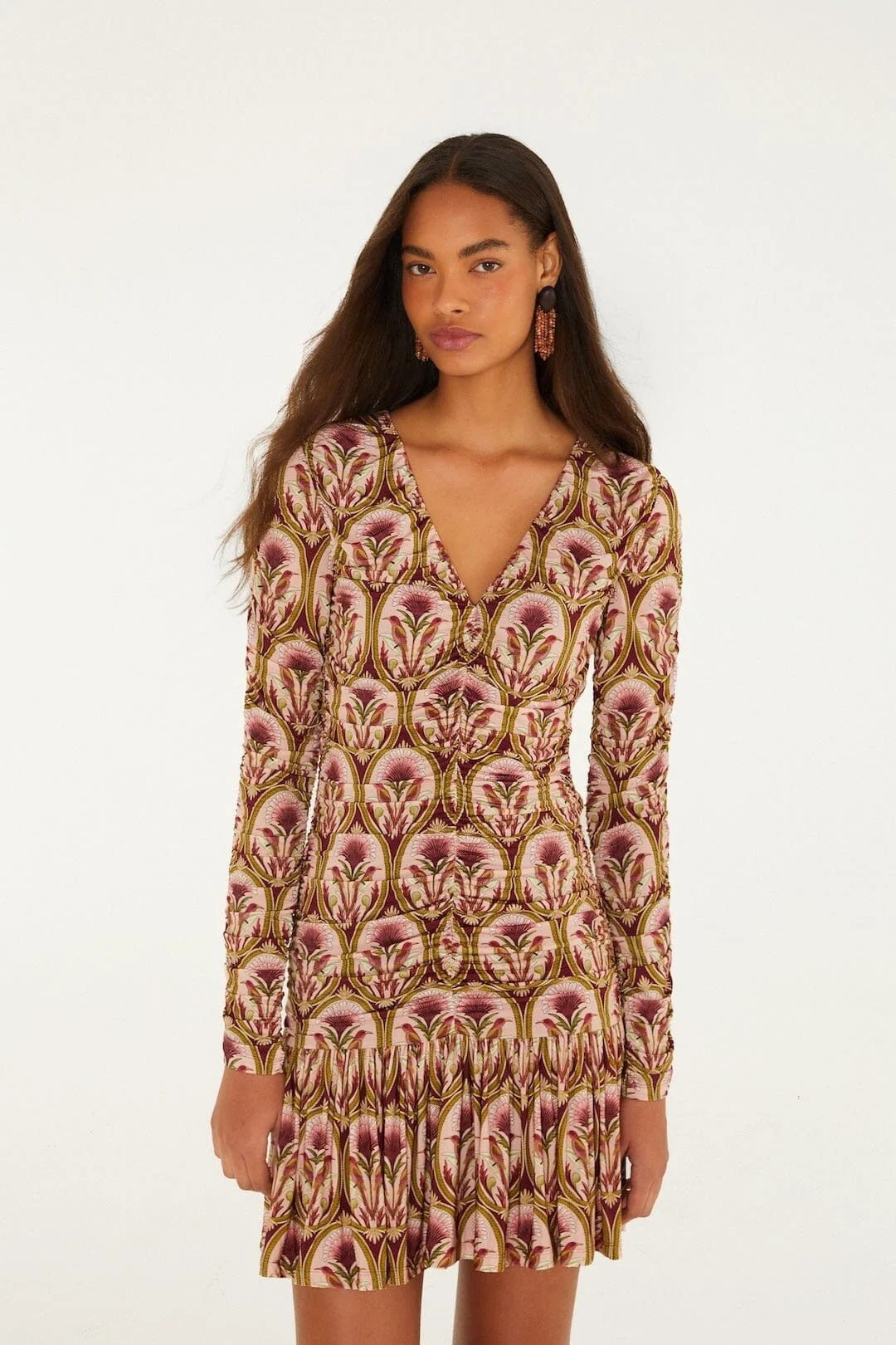 Young Ideas & Henmores -Garden Long Sleeve Mini Dress -Burgundy Multi -XS