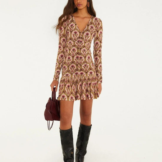 Young Ideas & Henmores -Garden Long Sleeve Mini Dress -Burgundy Multi -XS