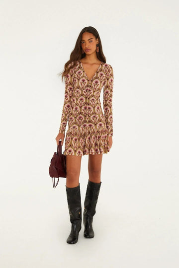 Young Ideas & Henmores -Garden Long Sleeve Mini Dress -Burgundy Multi -XS