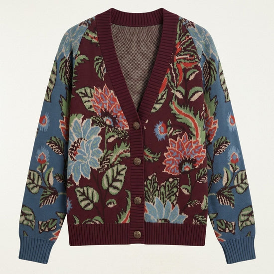 Young Ideas & Henmores -Mixed Delhi Floral Knit Cardigan -26039 Burgundy Multi -XXS