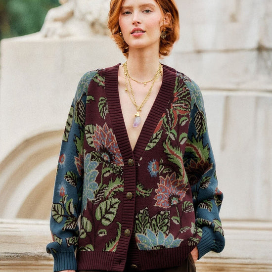Young Ideas & Henmores -Mixed Delhi Floral Knit Cardigan -26039 Burgundy Multi -XXS