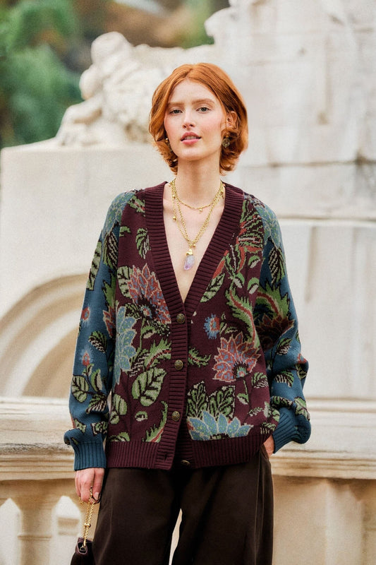 Young Ideas & Henmores -Mixed Delhi Floral Knit Cardigan -26039 Burgundy Multi -XXS