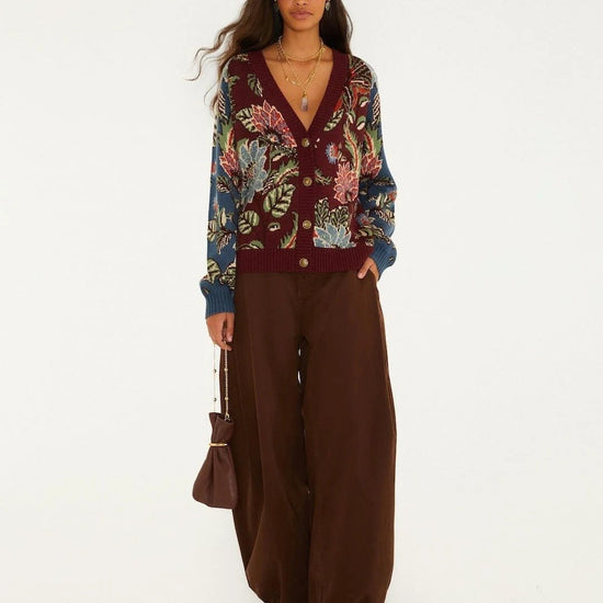 Young Ideas & Henmores -Mixed Delhi Floral Knit Cardigan -26039 Burgundy Multi -XXS