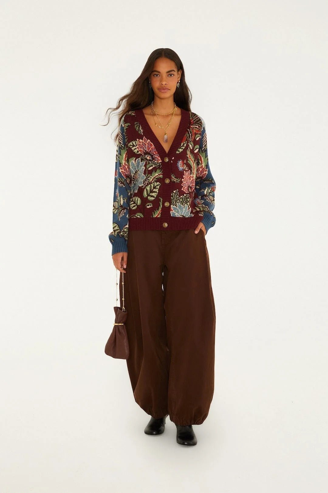 Young Ideas & Henmores -Mixed Delhi Floral Knit Cardigan -26039 Burgundy Multi -XXS