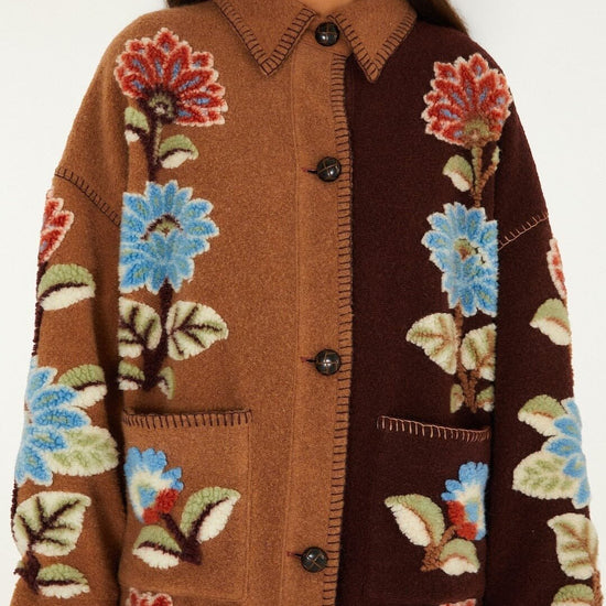 Young Ideas & Henmores -Mixed Delhi Floral Midi Fleece Coat -26039 Burgundy Multi -XS