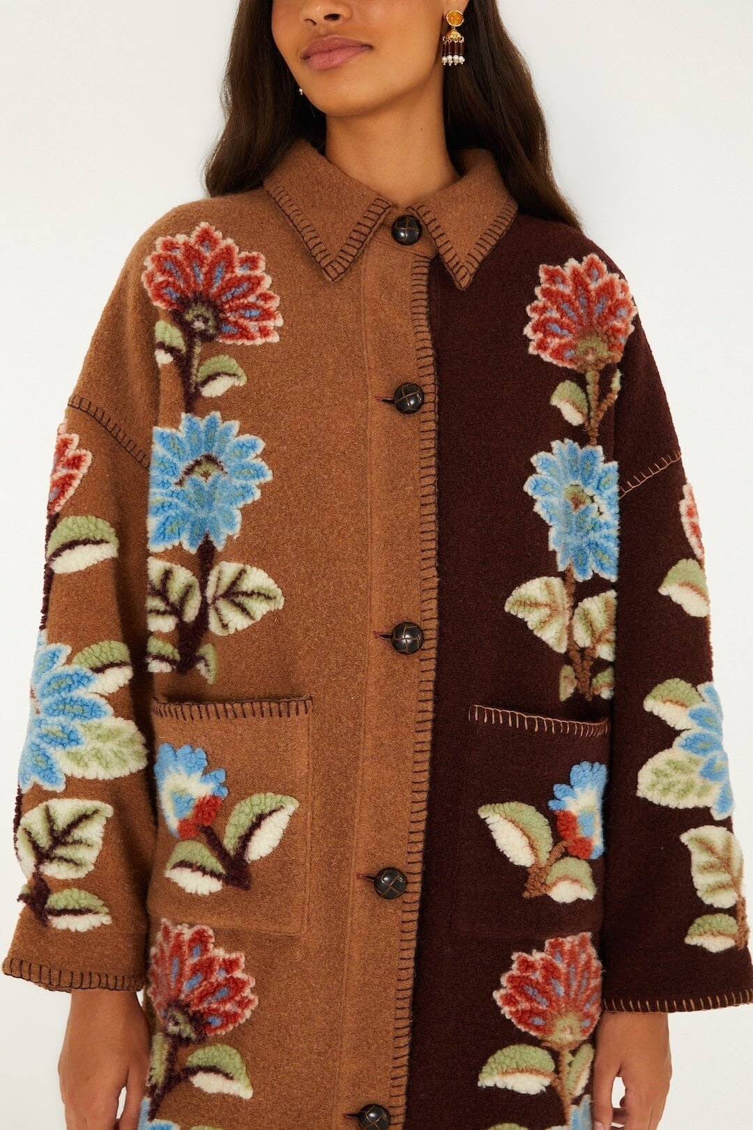 Young Ideas & Henmores -Mixed Delhi Floral Midi Fleece Coat -26039 Burgundy Multi -XS
