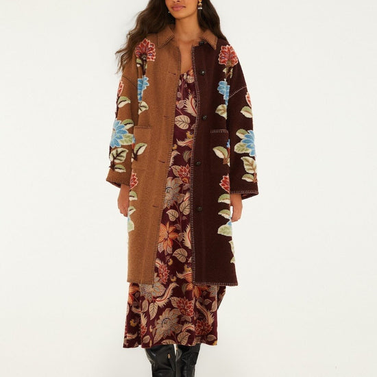 Young Ideas & Henmores -Mixed Delhi Floral Midi Fleece Coat -26039 Burgundy Multi -XS